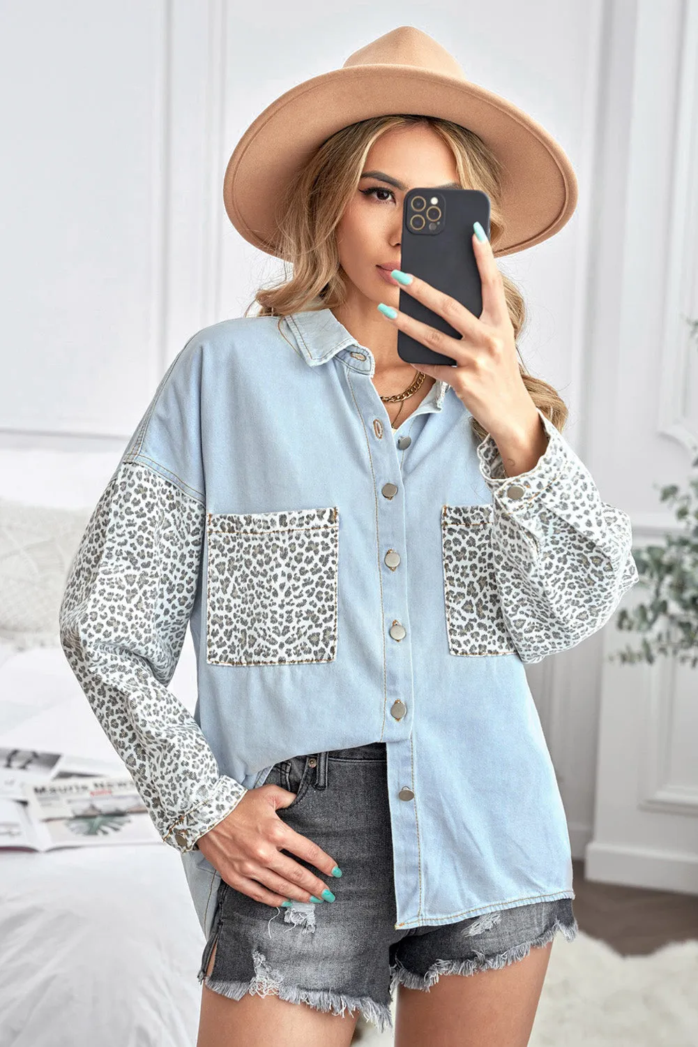 Contrast Leopard Denim Jacket for Women