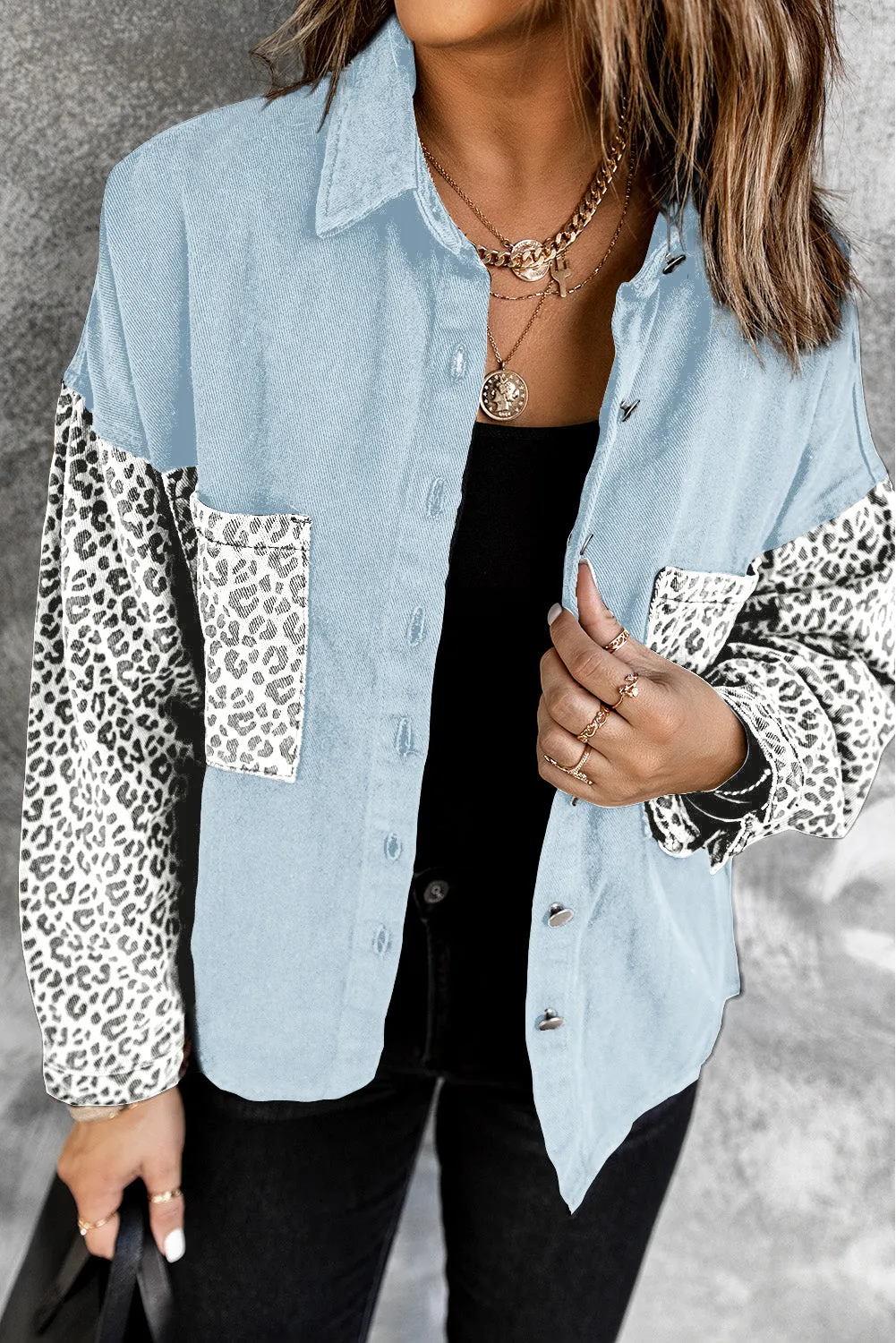 Contrast Leopard Denim Jacket for Women