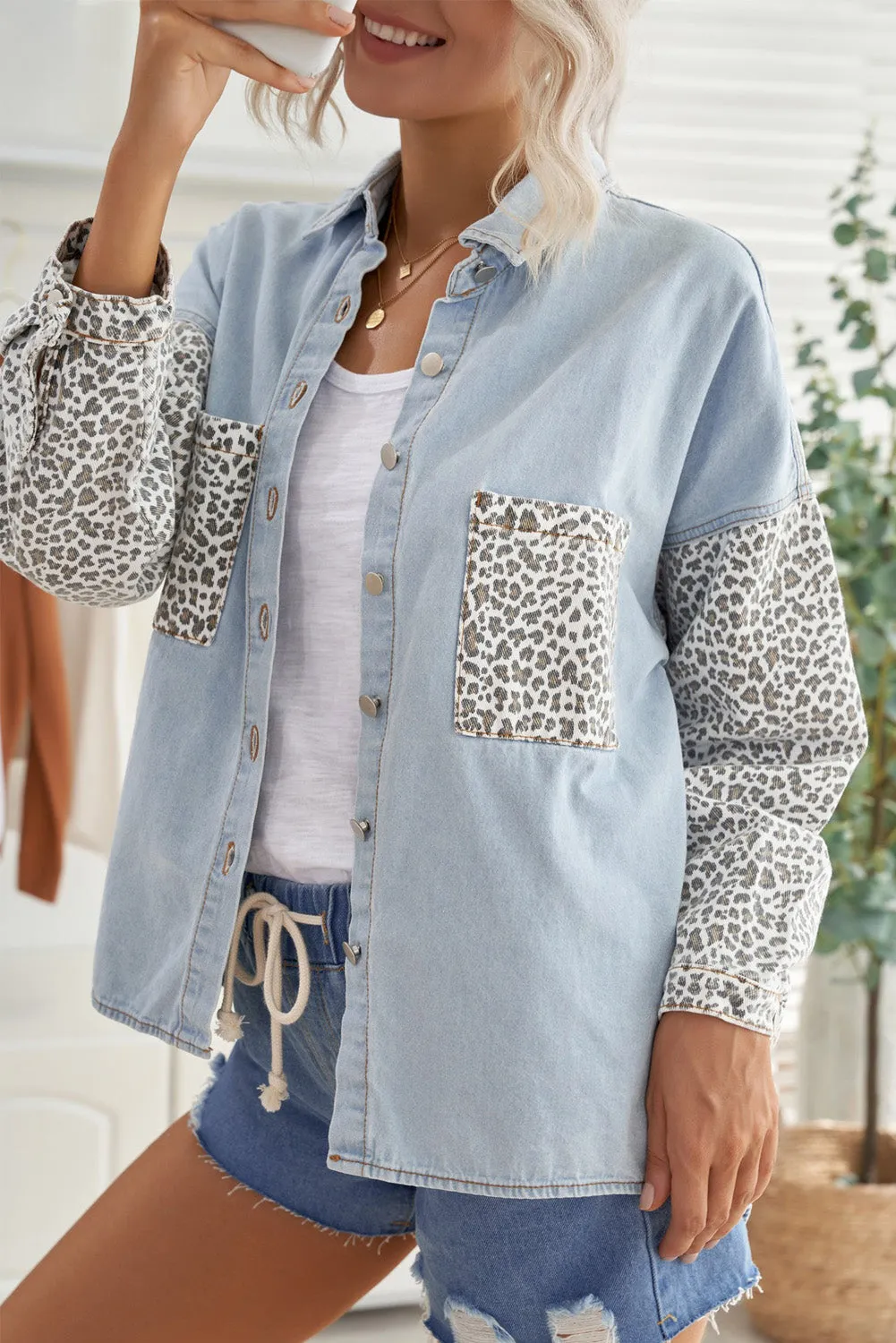 Contrast Leopard Denim Jacket for Women