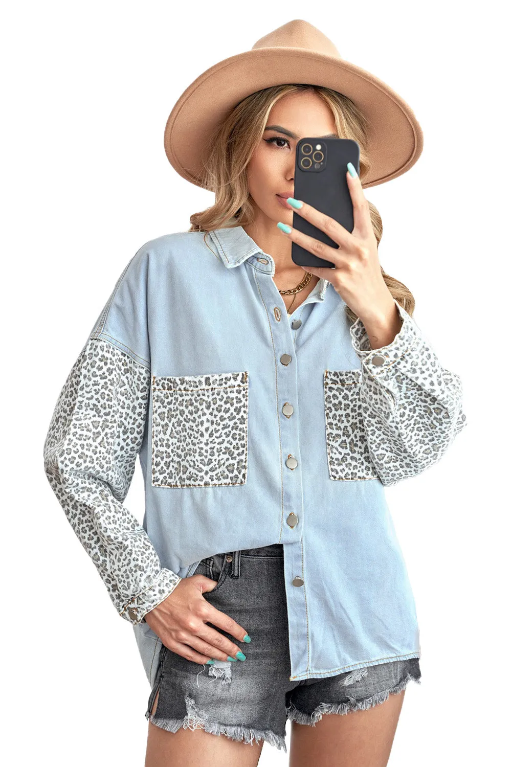 Contrast Leopard Denim Jacket for Women