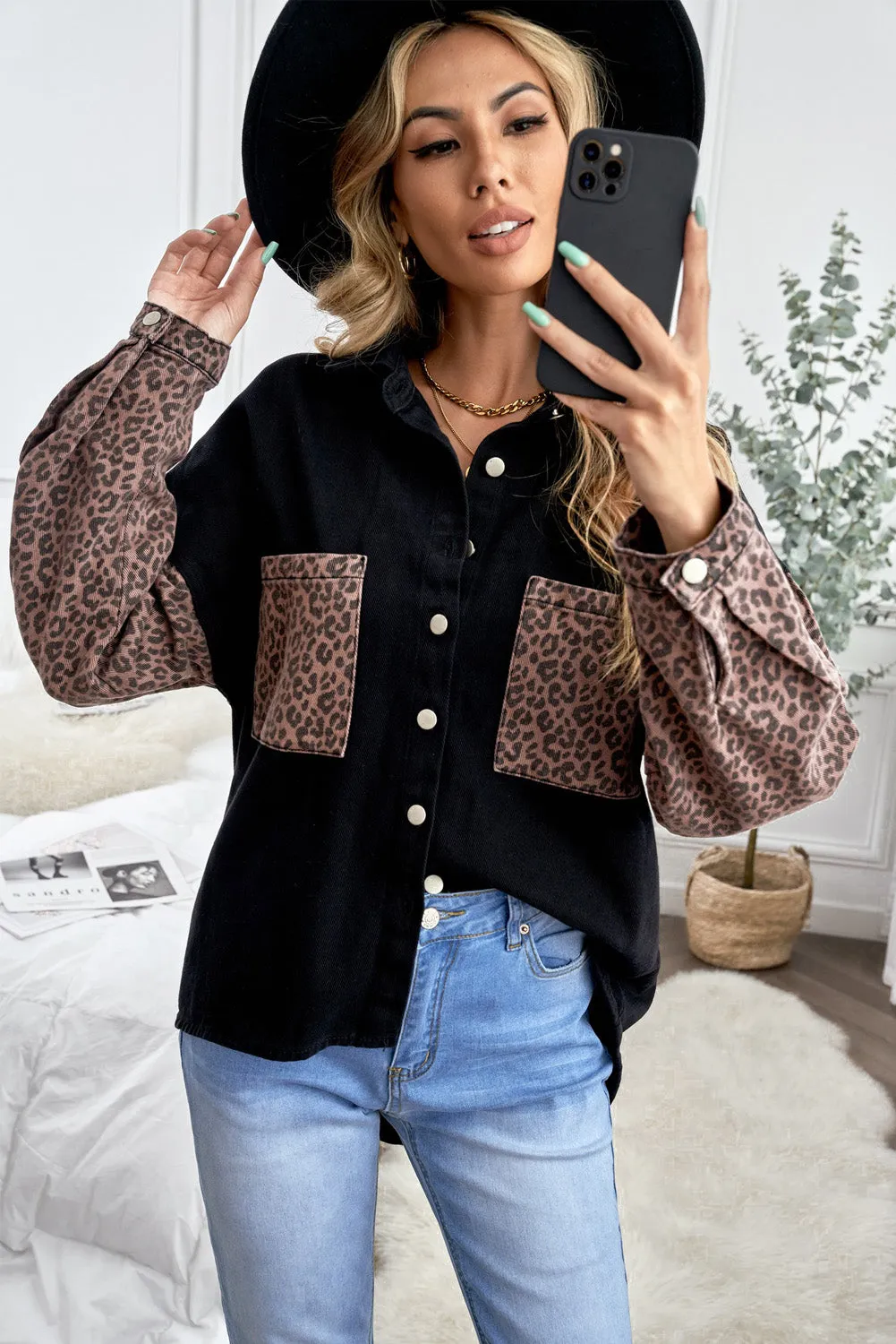 Contrast Leopard Denim Jacket for Women