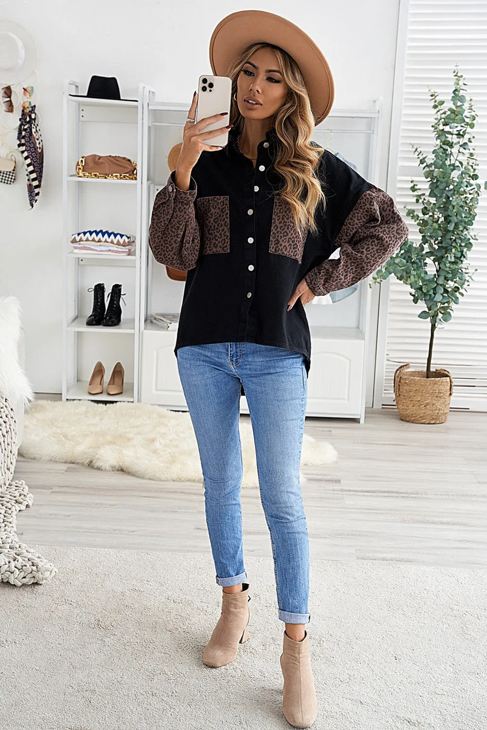 Contrast Leopard Denim Jacket for Women