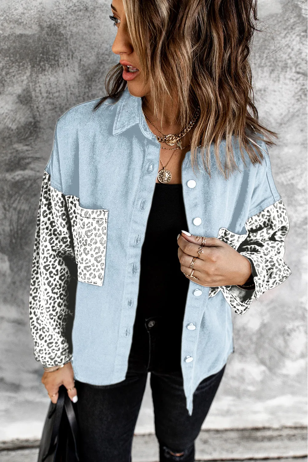 Contrast Leopard Denim Jacket for Women