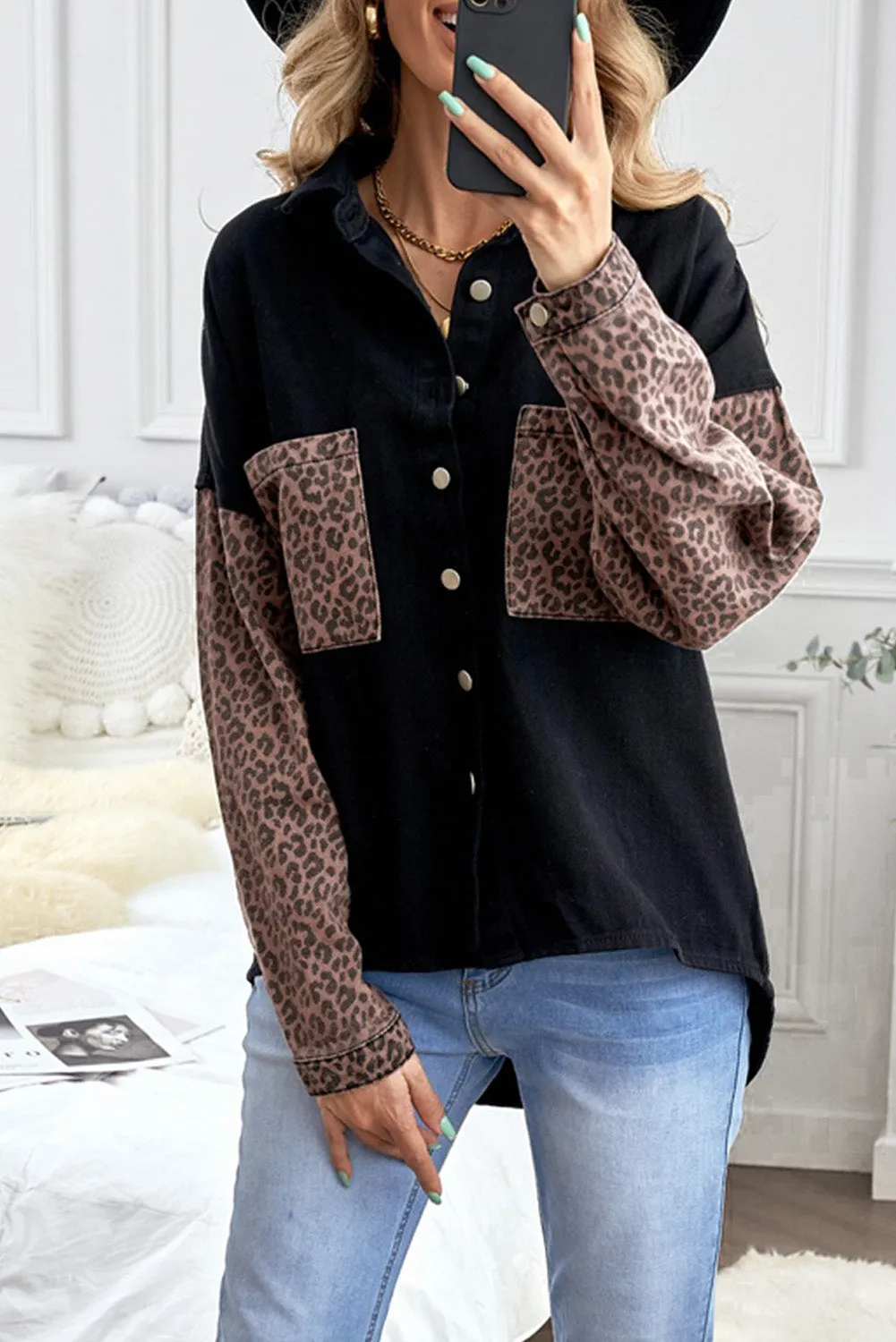 Contrast Leopard Denim Jacket for Women