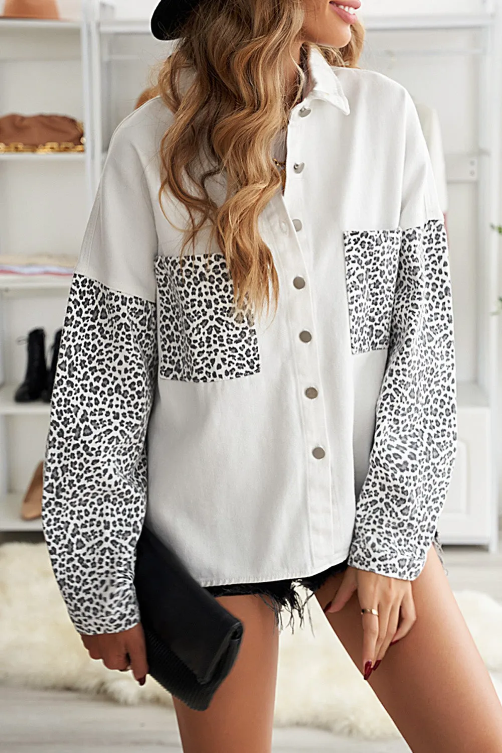 Contrast Leopard Denim Jacket for Women