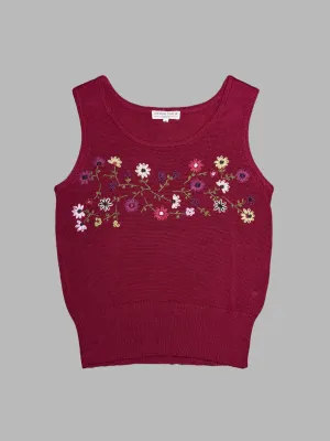 Corinne Sarrut burgundy cotton knit vest with 3D floral embroidery