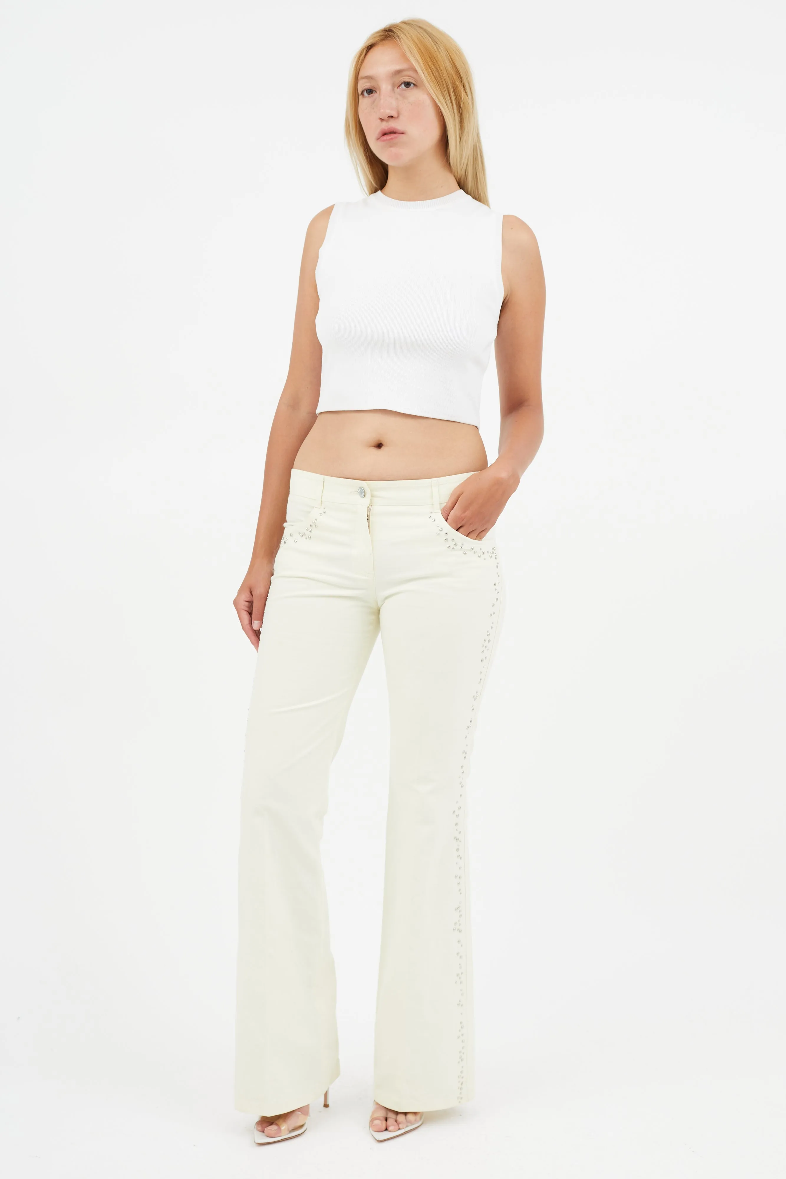 Cream Studded Flare Trouser