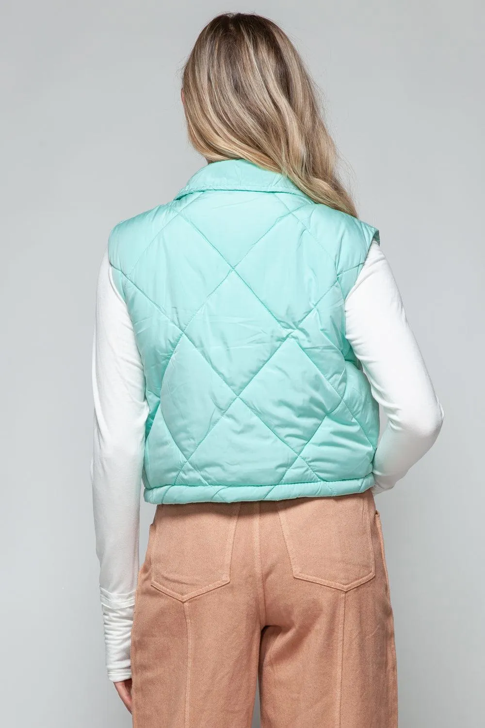 Crop Vest Snobbish Snap Down Quilted Sleeveless Green Outwear