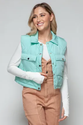 Crop Vest Snobbish Snap Down Quilted Sleeveless Green Outwear