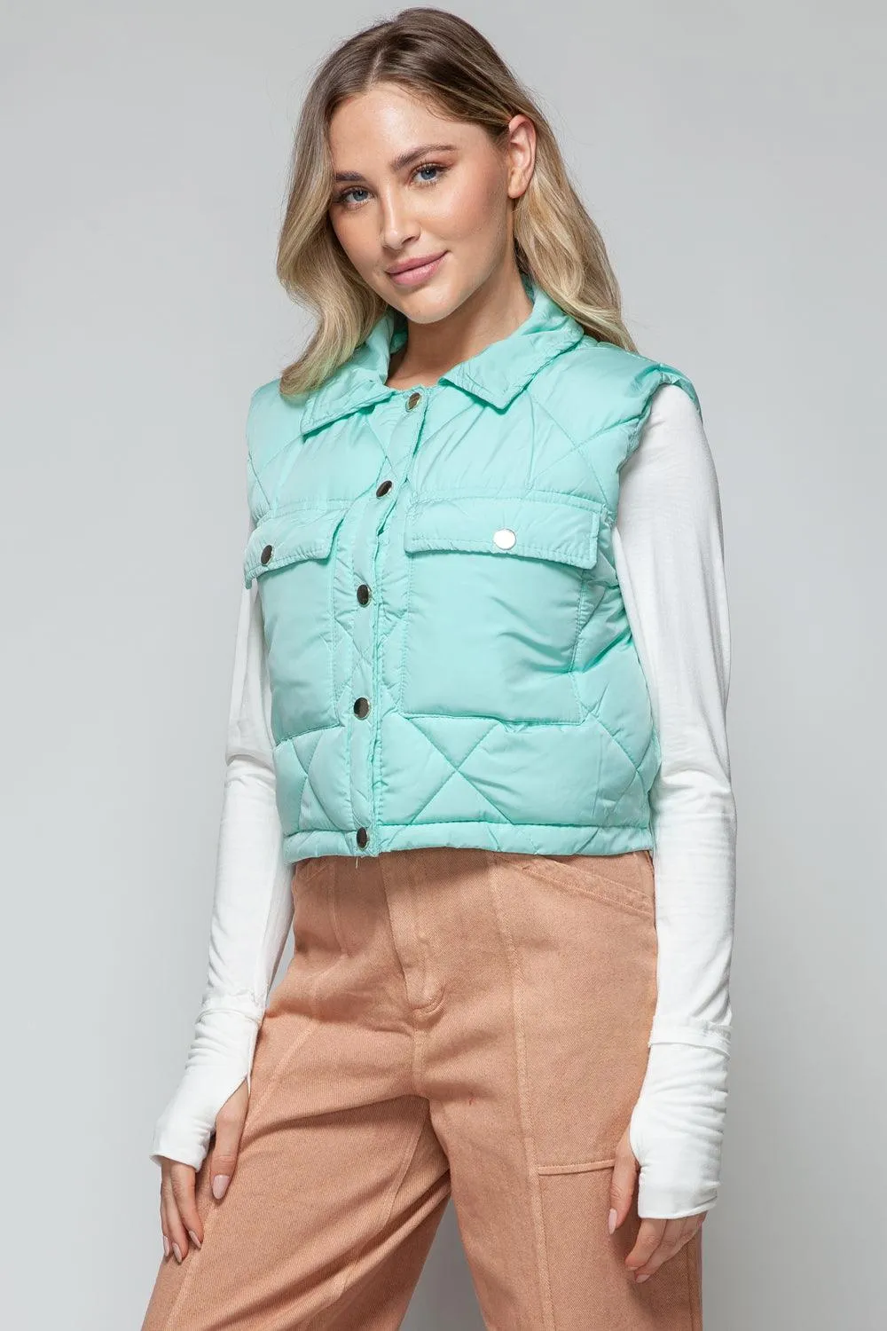 Crop Vest Snobbish Snap Down Quilted Sleeveless Green Outwear