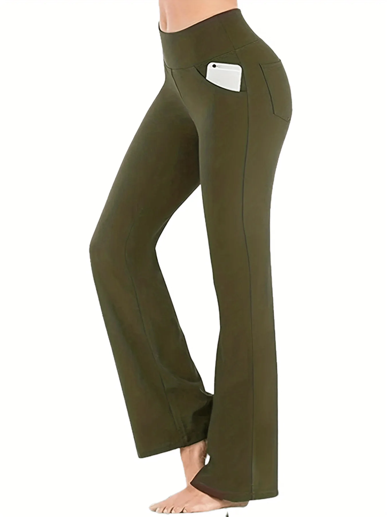 Curve Comfort Women's Plus Solid High Rise Flared Leg Yoga Pants with Convenient Phone Pockets