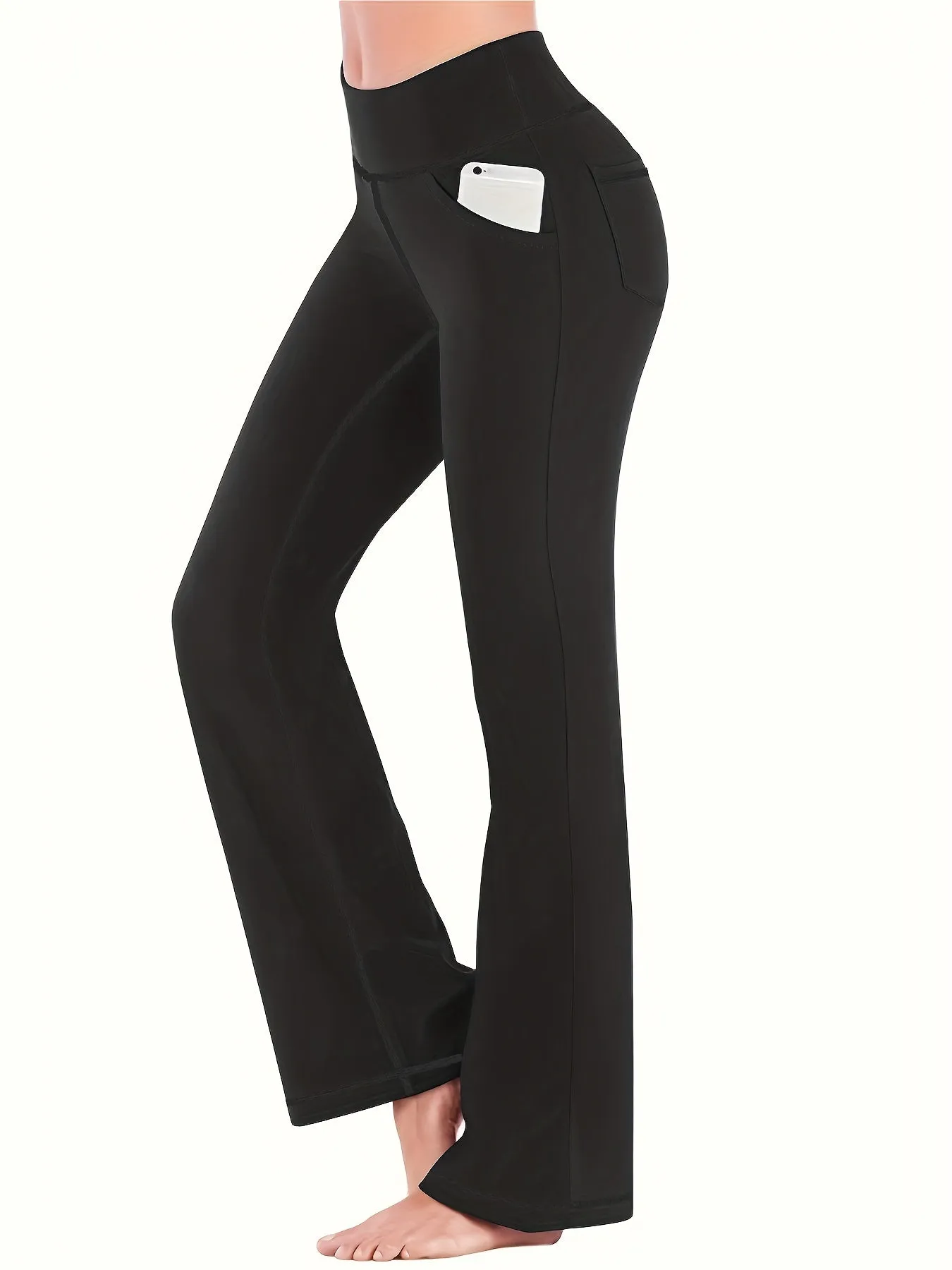 Curve Comfort Women's Plus Solid High Rise Flared Leg Yoga Pants with Convenient Phone Pockets