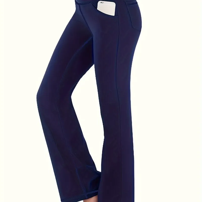 Curve Comfort Women's Plus Solid High Rise Flared Leg Yoga Pants with Convenient Phone Pockets