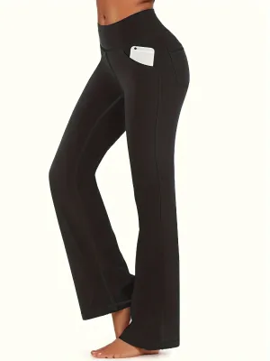 Curve Comfort Women's Plus Solid High Rise Flared Leg Yoga Pants with Convenient Phone Pockets