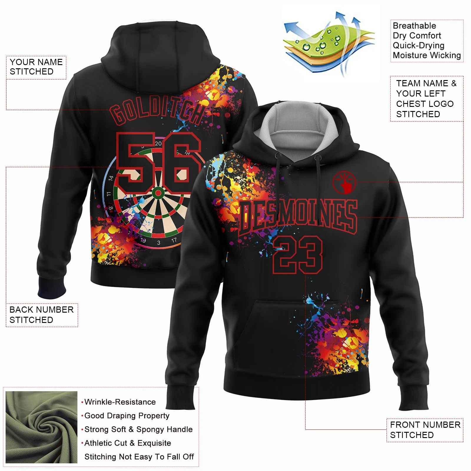 Custom Stitched Black Red 3D Dart Board Sports Pullover Sweatshirt Hoodie