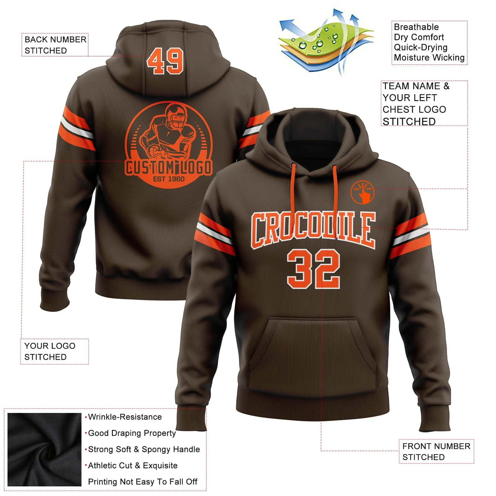 Custom Stitched Brown Orange-White Football Pullover Sweatshirt Hoodie