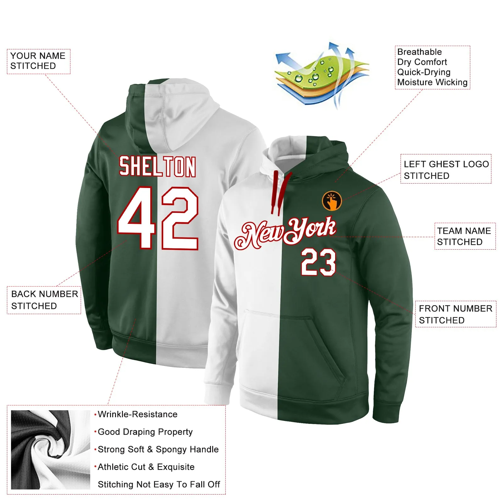 Custom Stitched Green White-Red Split Fashion Sports Pullover Sweatshirt Hoodie