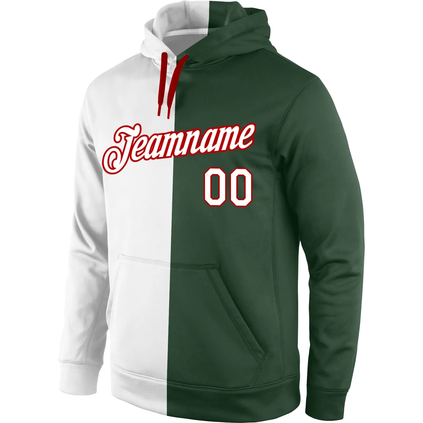 Custom Stitched Green White-Red Split Fashion Sports Pullover Sweatshirt Hoodie