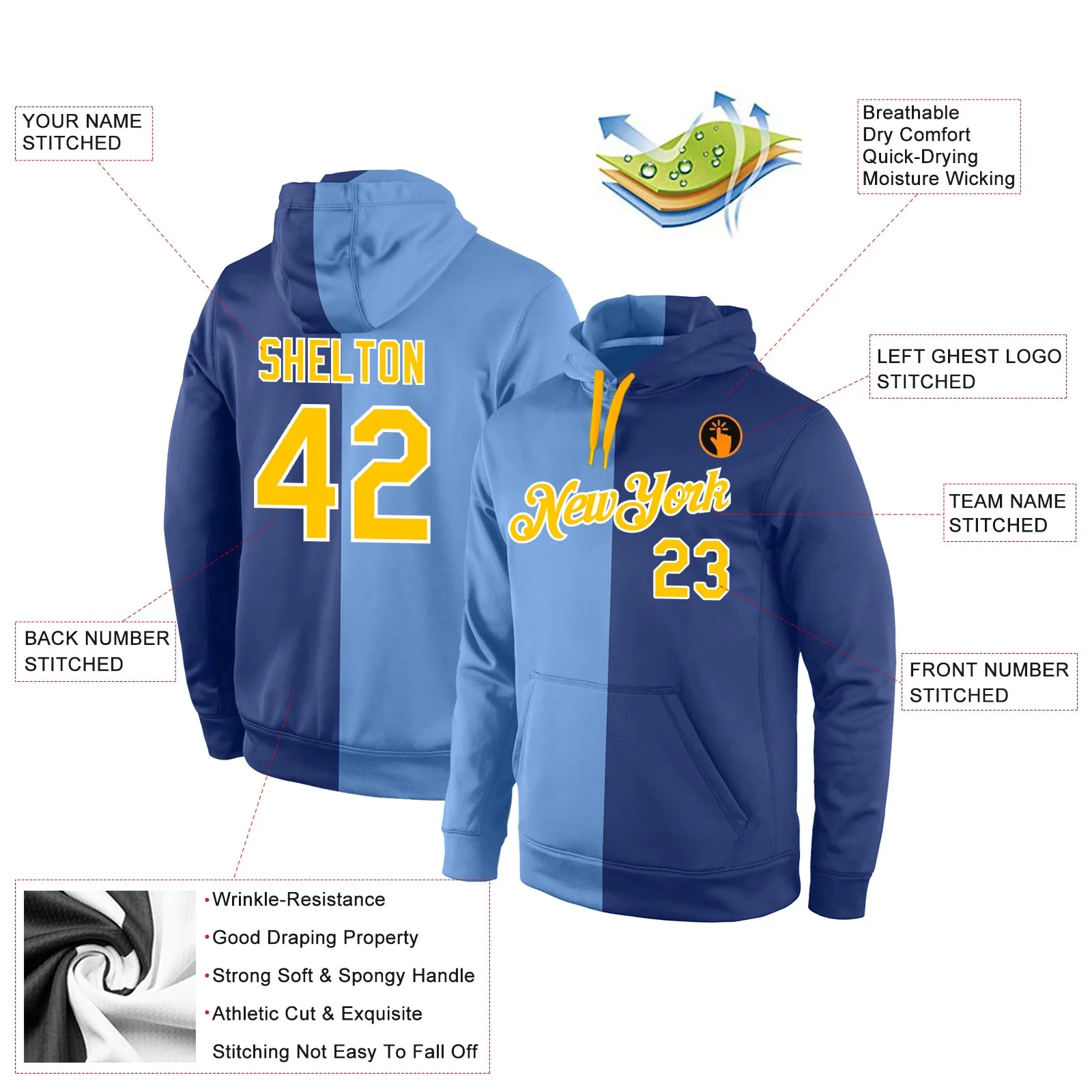 Custom Stitched Light Blue Gold-Royal Split Fashion Sports Pullover Sweatshirt Hoodie