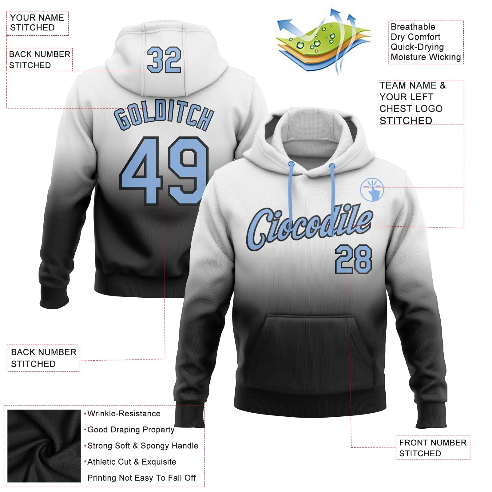 Custom Stitched White Light Blue-Black Fade Fashion Sports Pullover Sweatshirt Hoodie