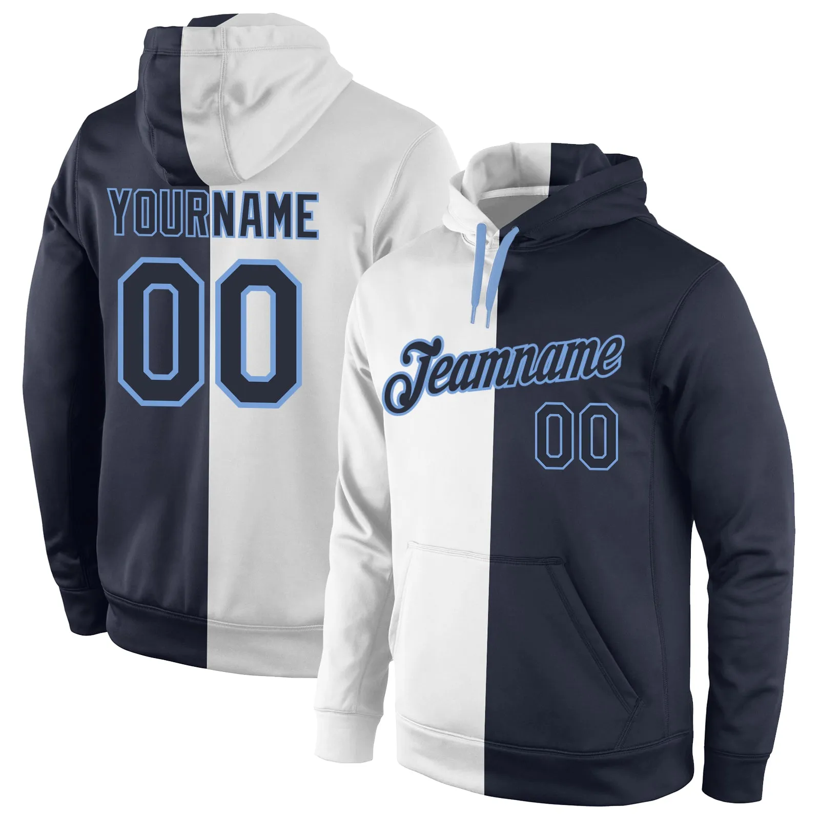 Custom Stitched White Navy-Light Blue Split Fashion Sports Pullover Sweatshirt Hoodie