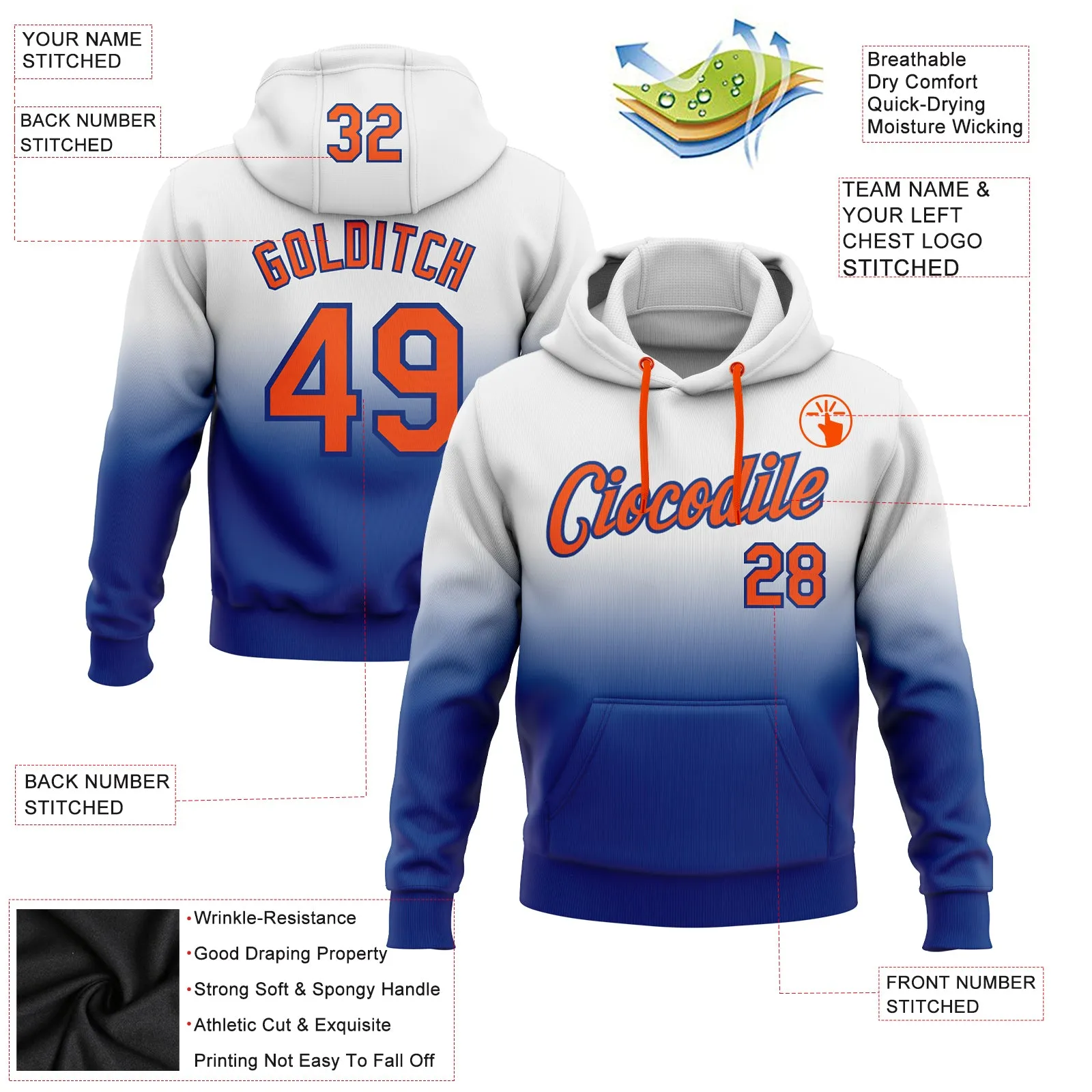 Custom Stitched White Orange-Royal Fade Fashion Sports Pullover Sweatshirt Hoodie