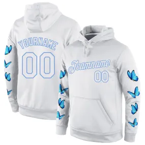 Custom Stitched White White-Light Blue 3D Pattern Design Butterfly Sports Pullover Sweatshirt Hoodie