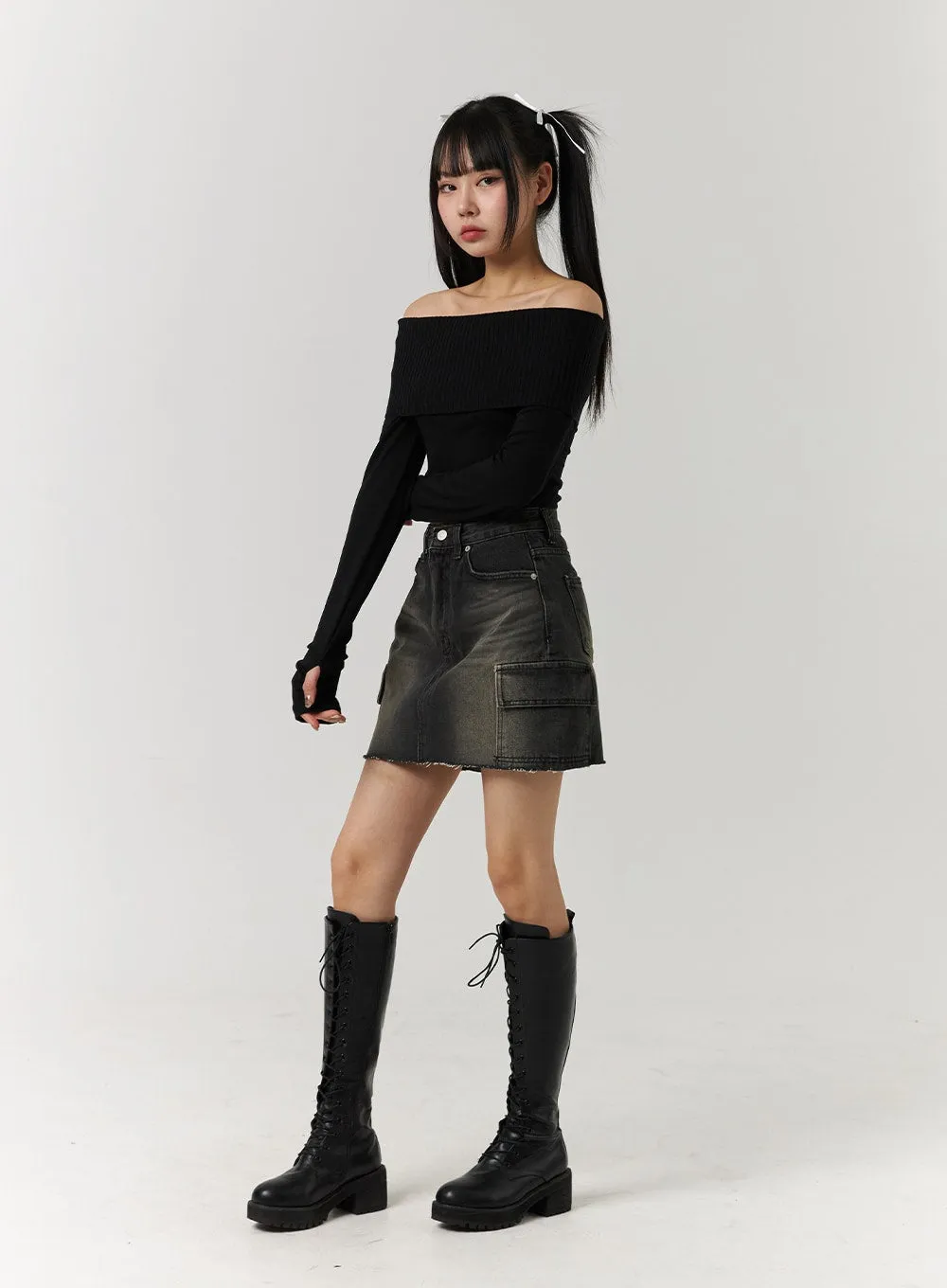 Denim Mid Waist Ripped Mini Skirt CJ405