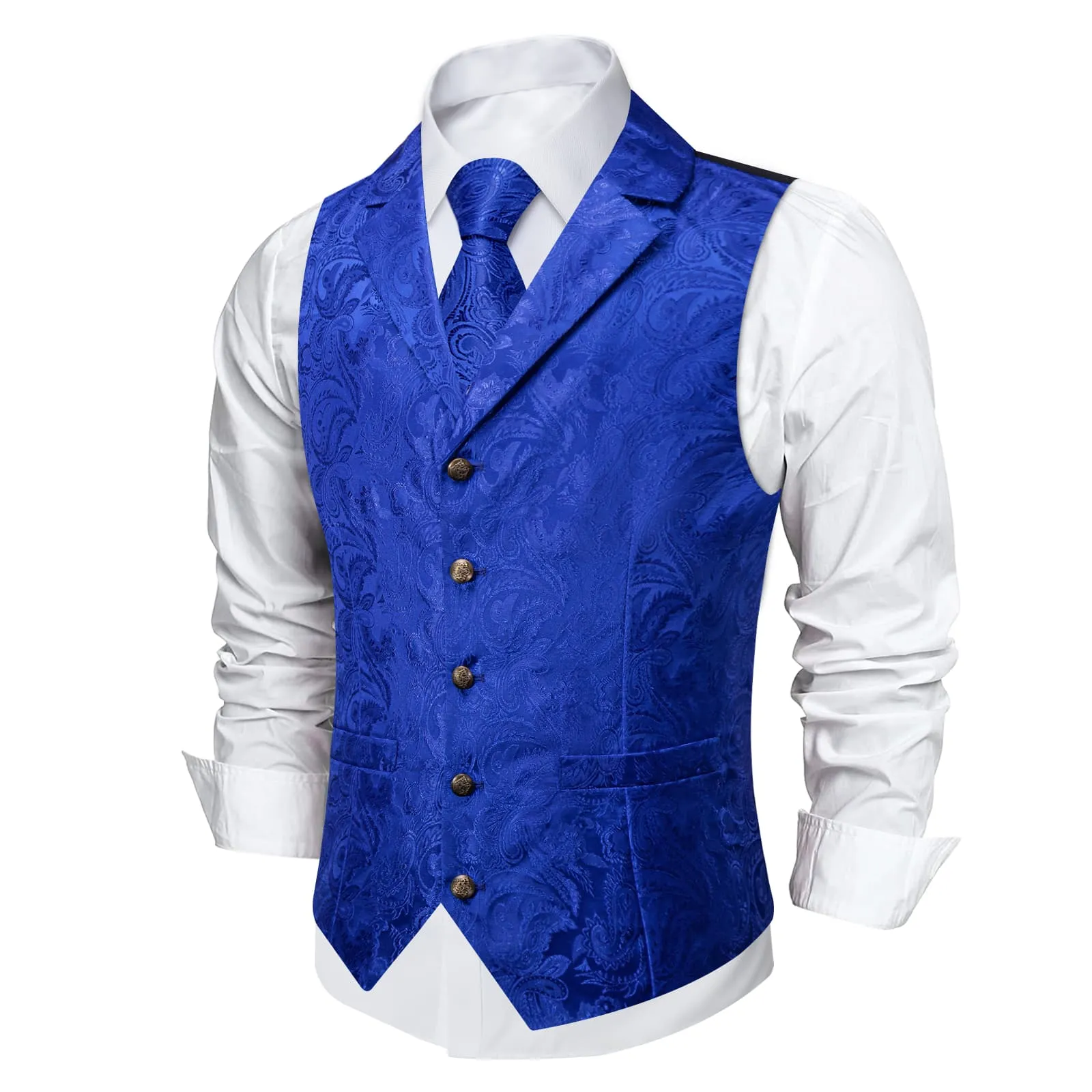 DiBanGu Royal Blue Paisley Silk Notched Collar Slim Fit Mens Waistcoat Tie Set