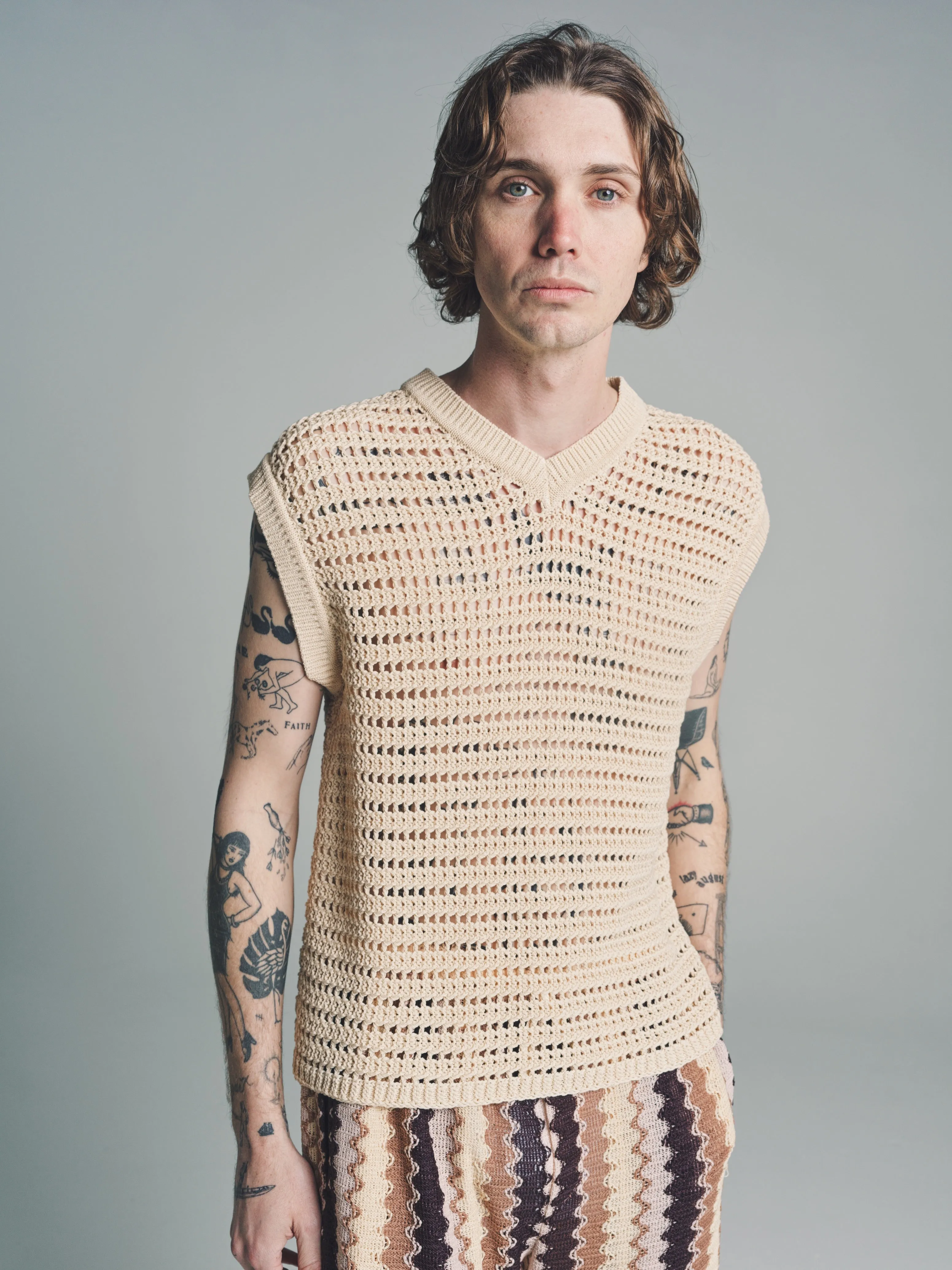 Ecru Knitted Trace Crochet Vest