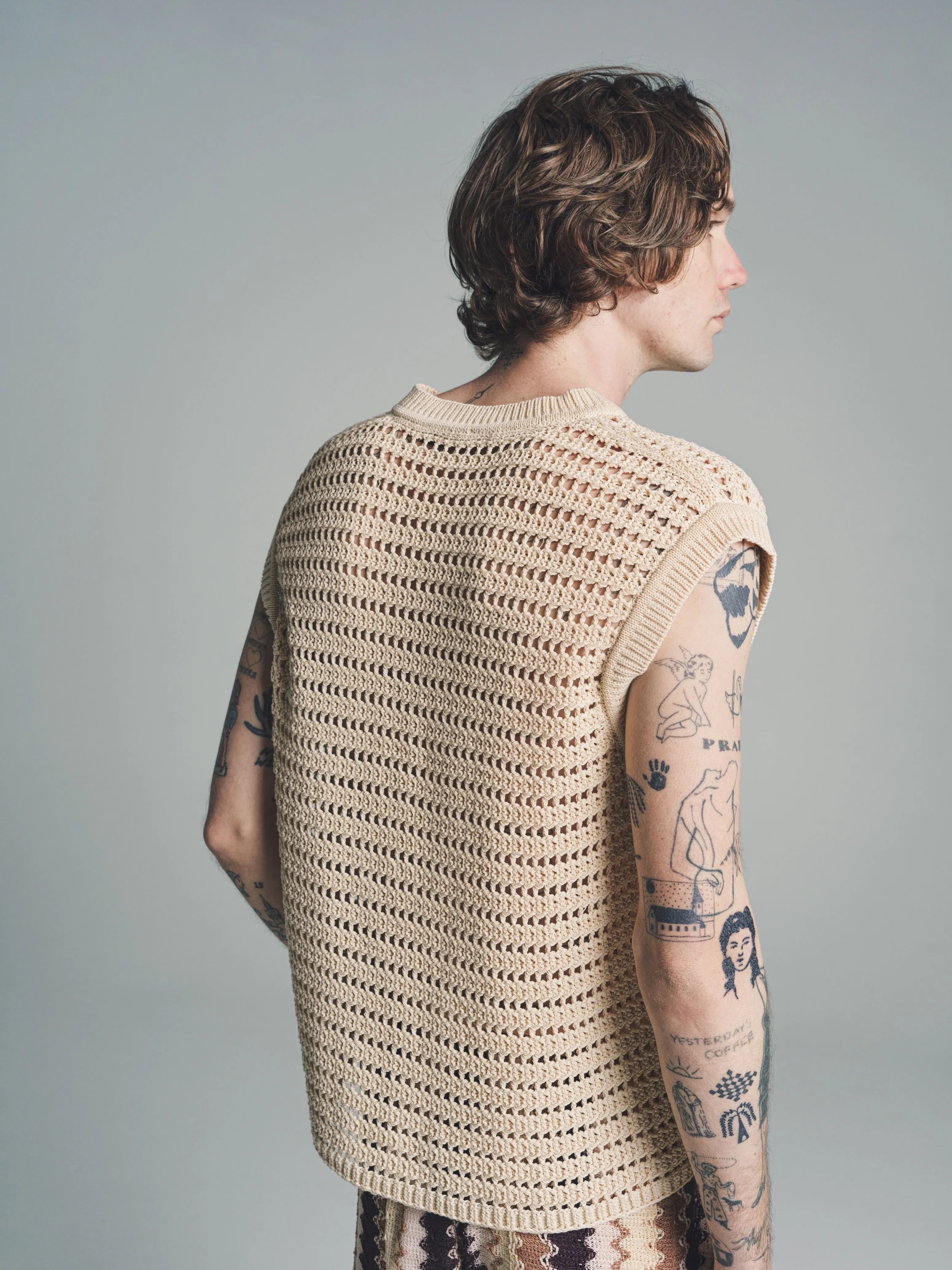 Ecru Knitted Trace Crochet Vest