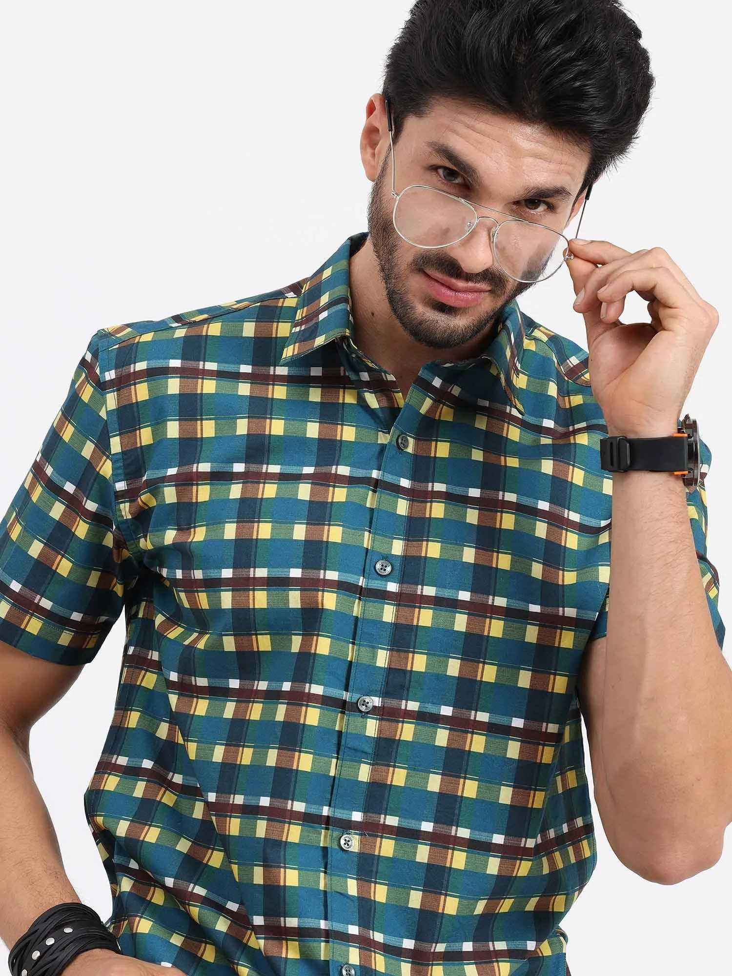 Emerald Yellow Check Cotton Half Sleeve Shirt