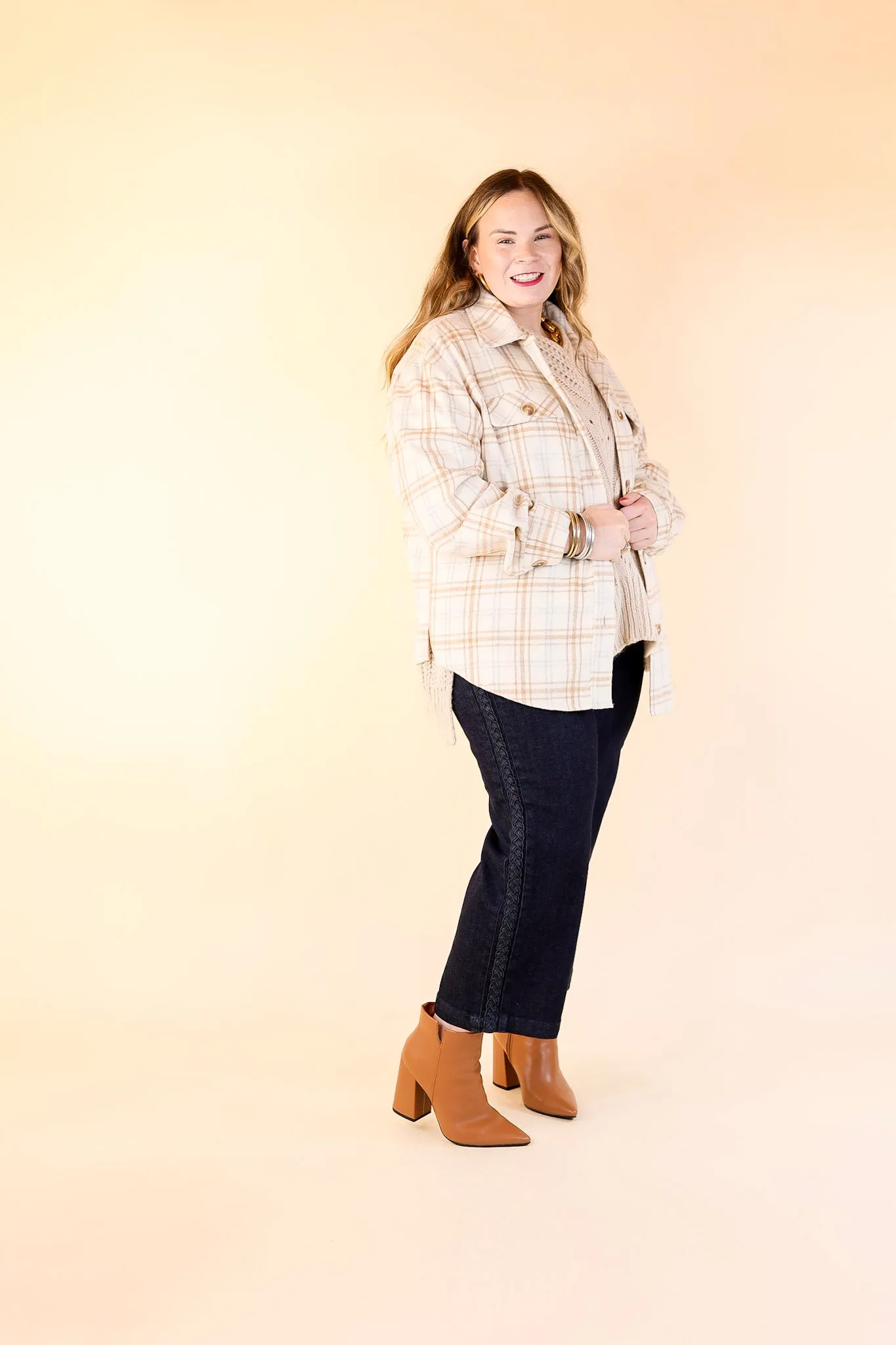 Endless Nights Button Up Plaid Shacket with Pockets in Ivory