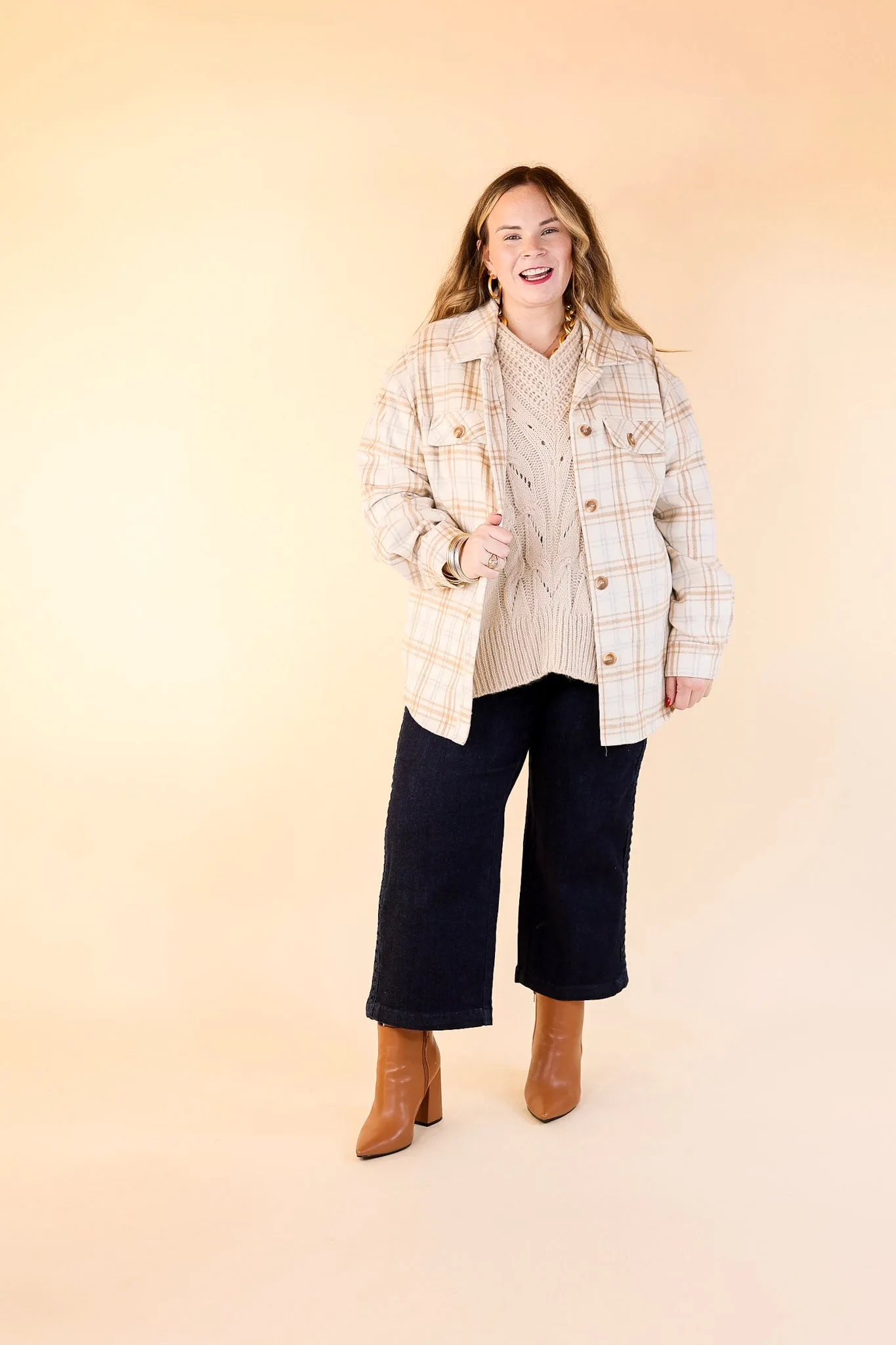 Endless Nights Button Up Plaid Shacket with Pockets in Ivory