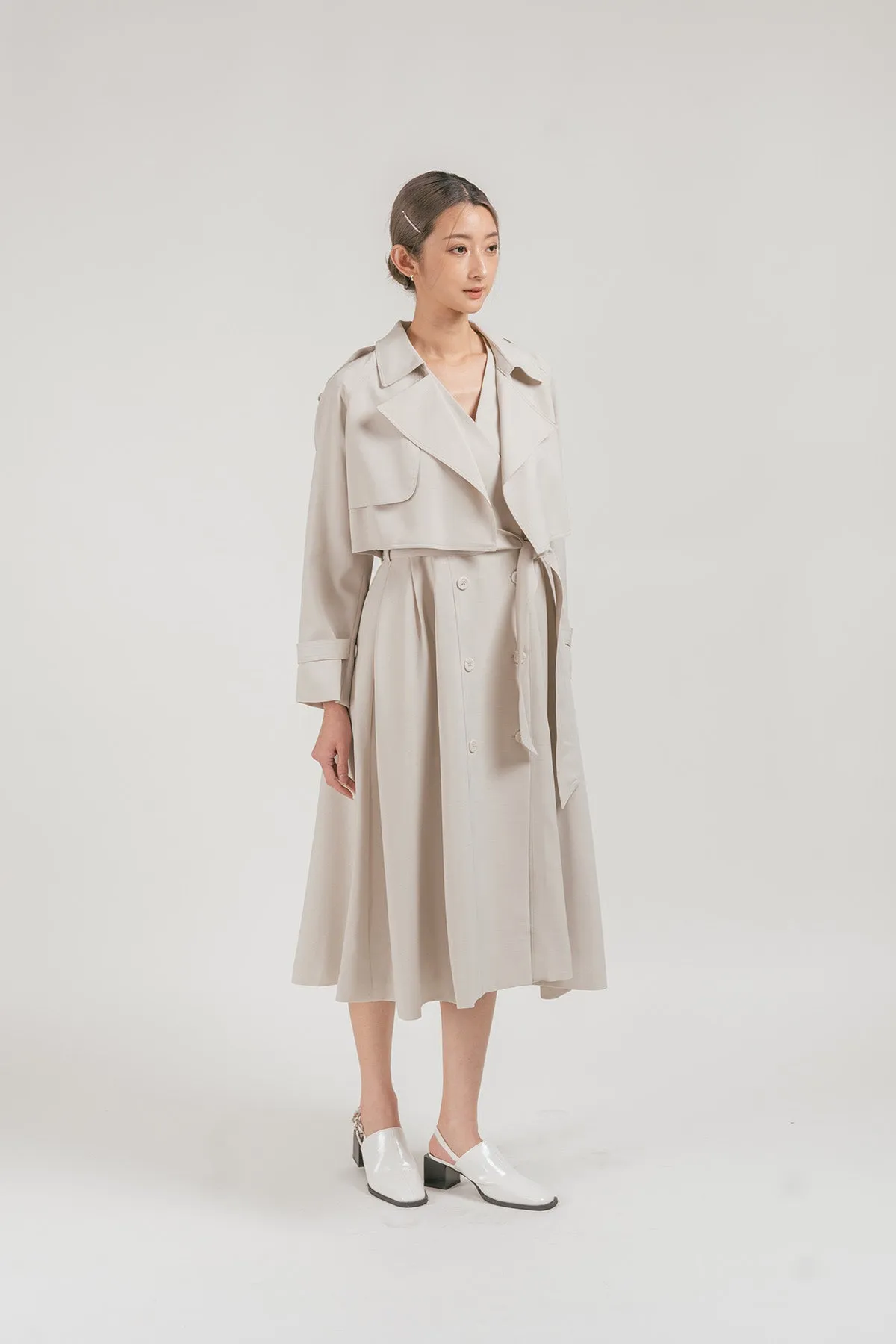 Evia Cropped Trench Coat with Sleeveless Maxi Dress