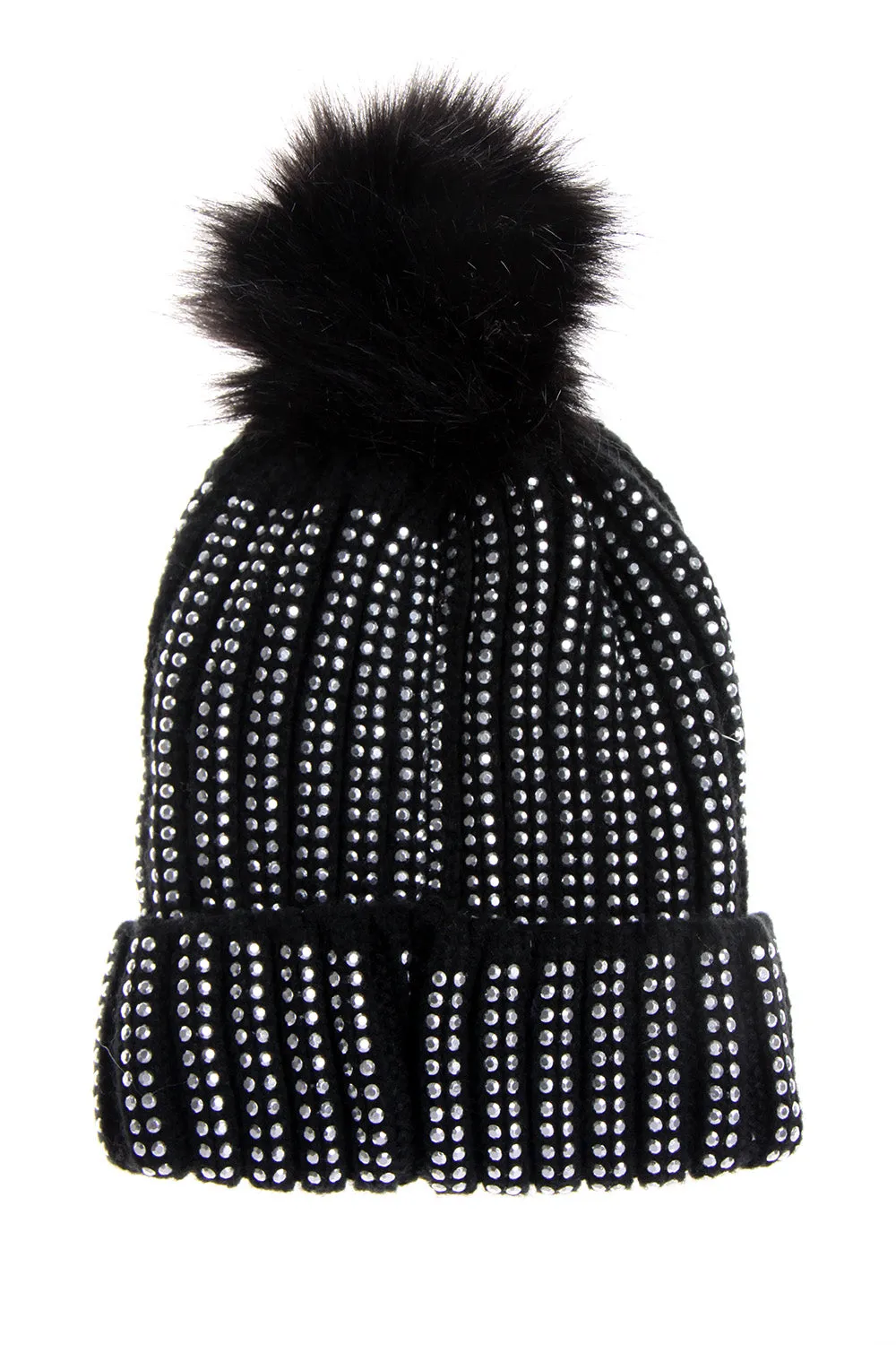 FAUX Fur Bobble Pom Pom Beanie Hat with Rhinestones Gem