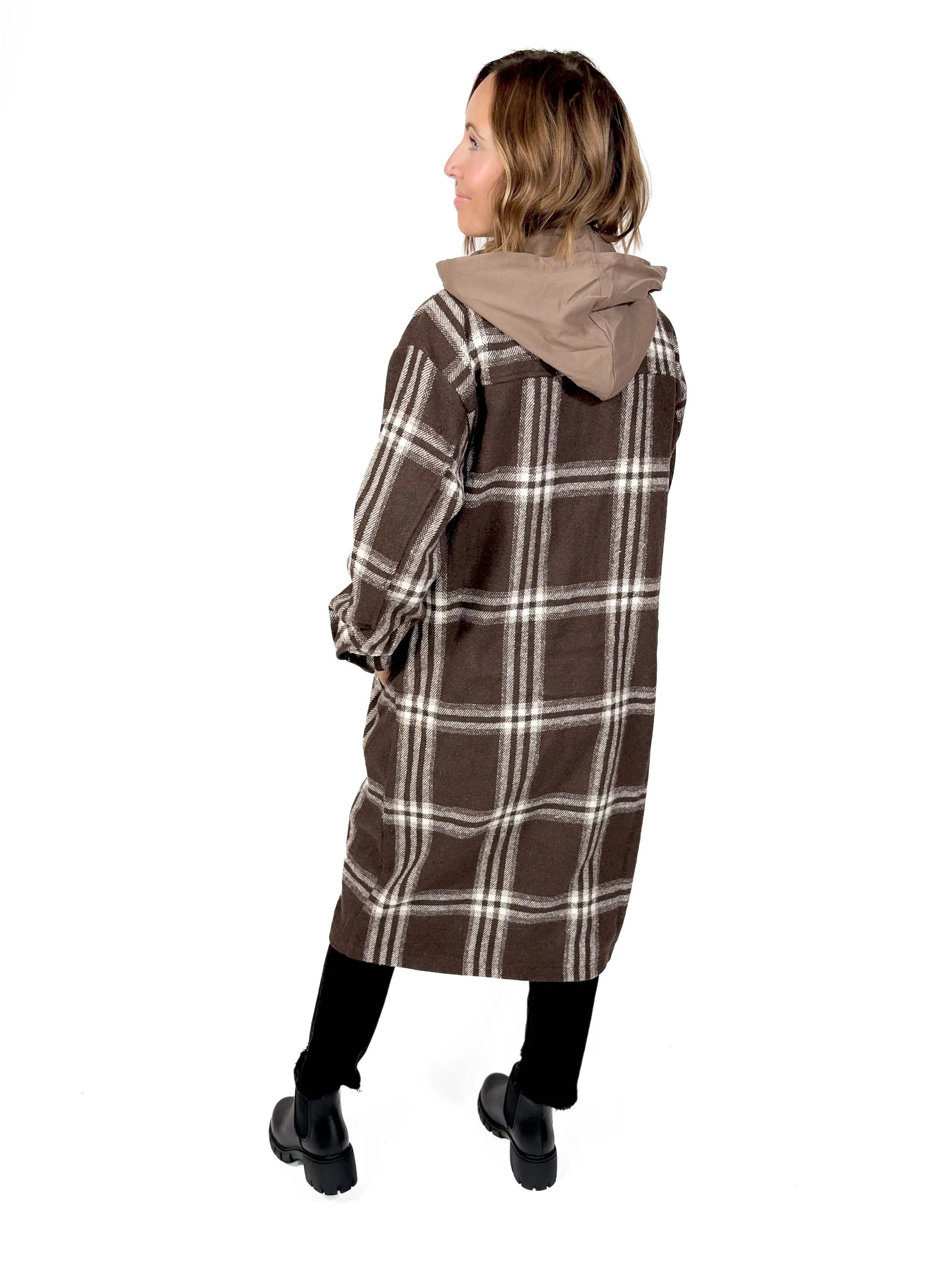 Fireside Twofer Hoodie Shacket- CHOCOLATE PLAID