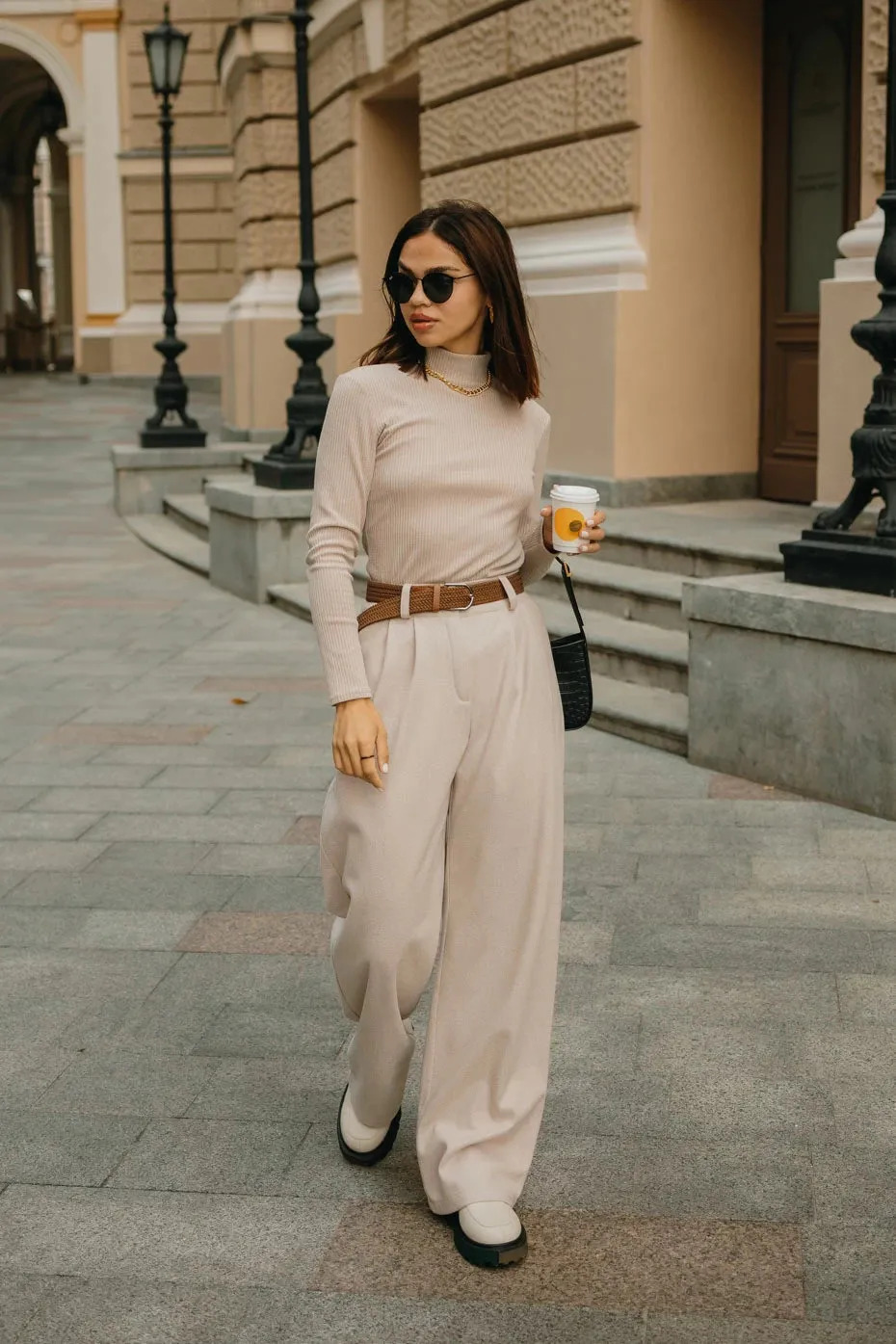 Flared Pants High Rise Wide Leg Stylish Pants Coffee Color