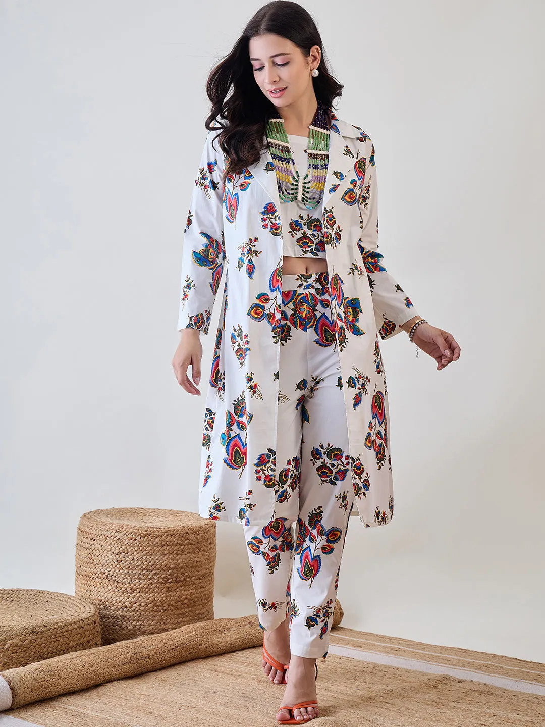 Floral White 3 Piece Overcoat Co Ord Set