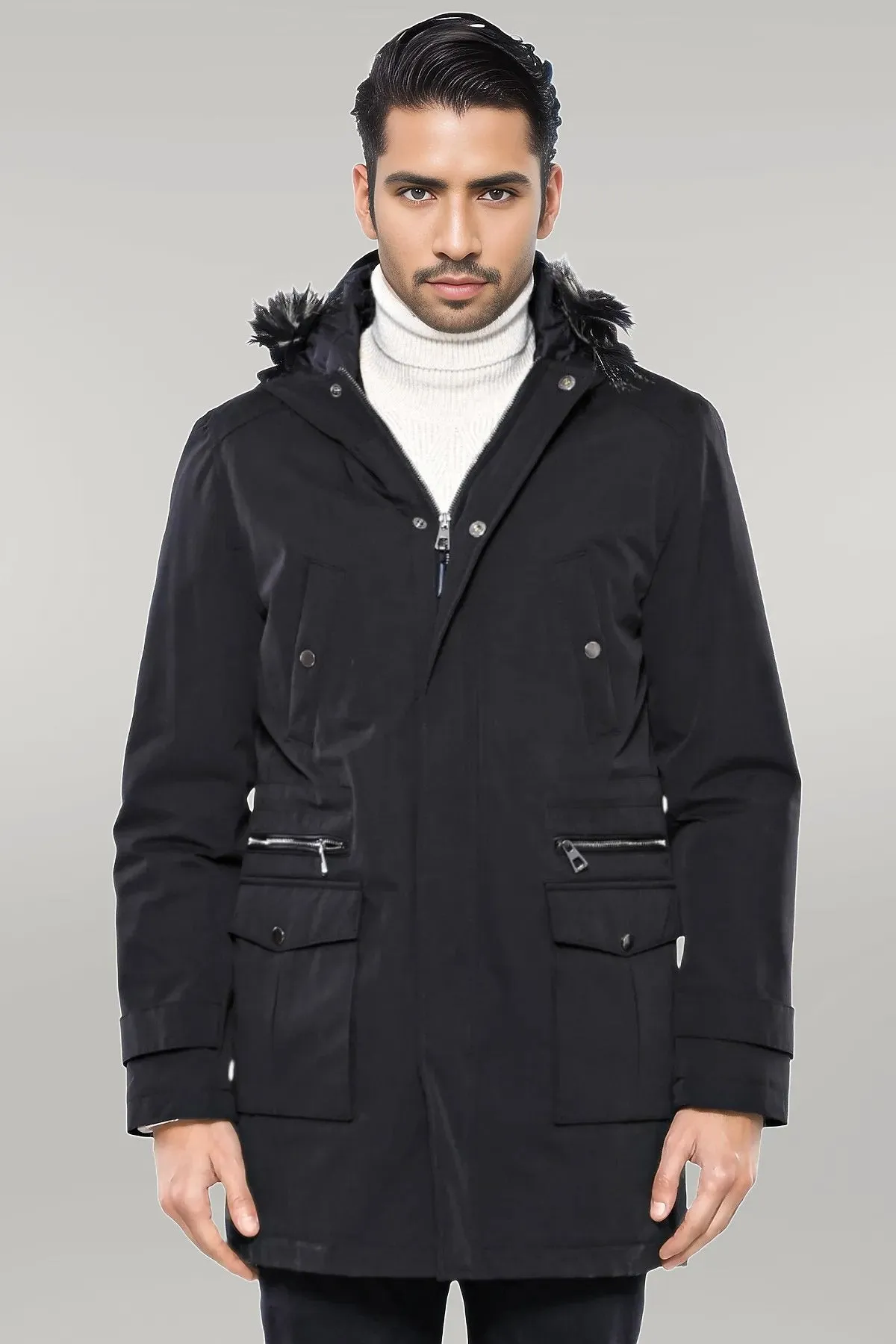 Fur Hooded Black Men Coat - Wessi