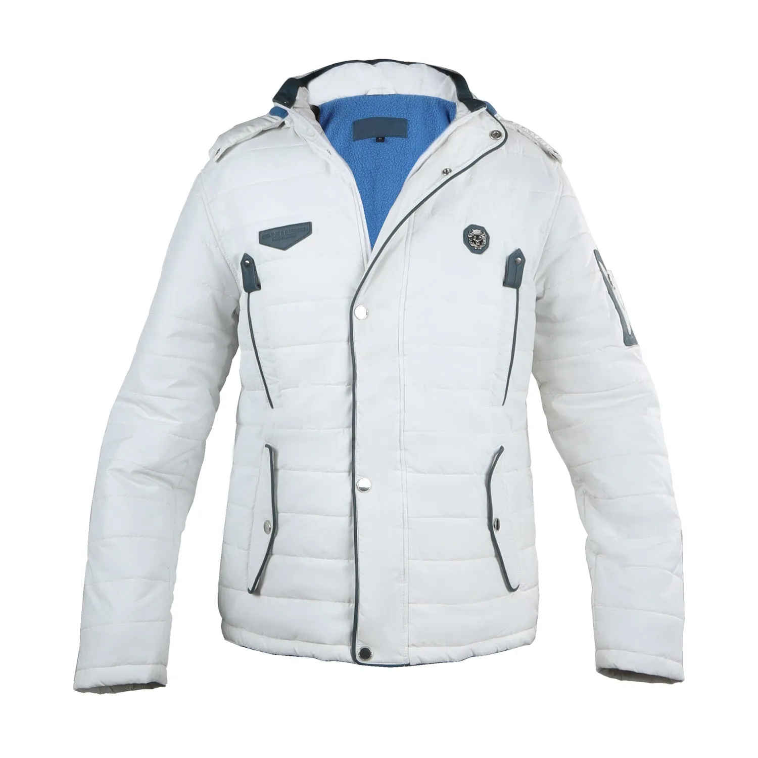 Fur Hoodie White Puffer with Blue Genuine Leather Trim Jacket by Brune & Bareskin