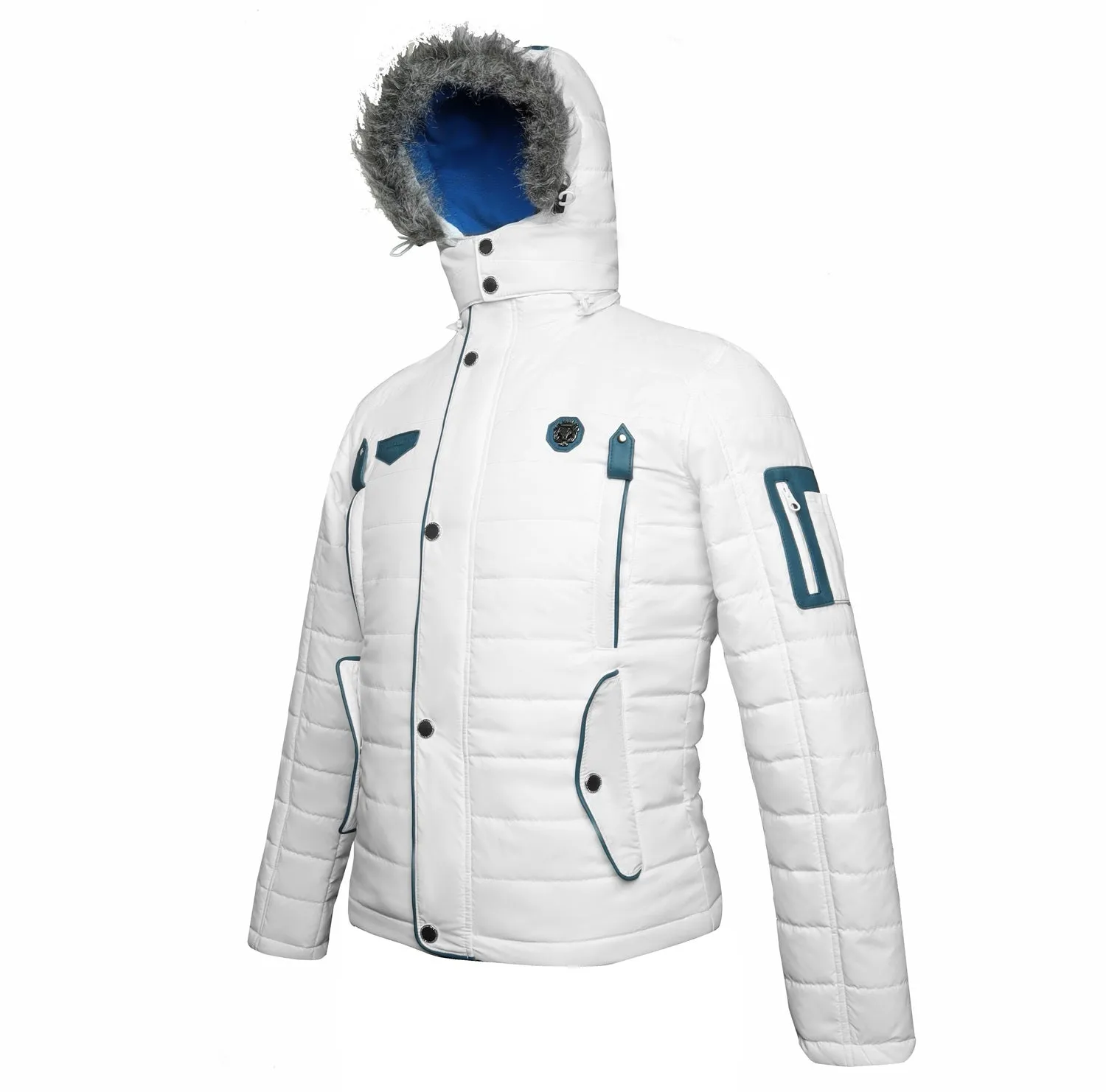 Fur Hoodie White Puffer with Blue Genuine Leather Trim Jacket by Brune & Bareskin