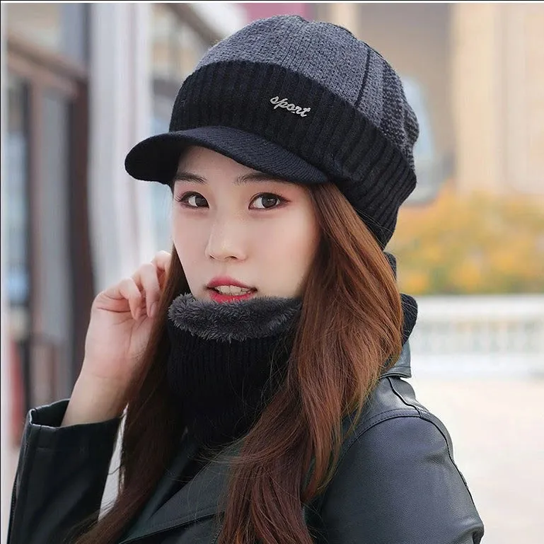 Fur Lined Beanie Outdoor Knitted Woolen Warm Winter Cap