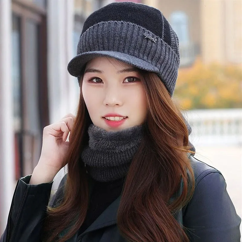 Fur Lined Beanie Outdoor Knitted Woolen Warm Winter Cap