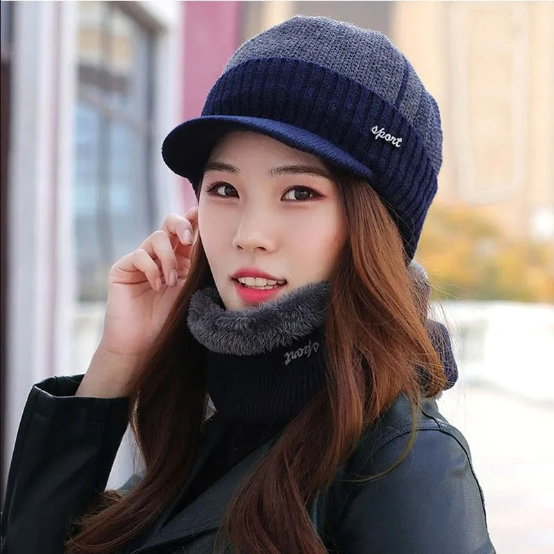 Fur Lined Beanie Outdoor Knitted Woolen Warm Winter Cap