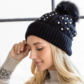 Fur Lined Beanie with Pearls and Pom Poms