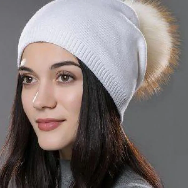 Fur Pom Pom Wool Knitted Thick Warm Beanies Hats