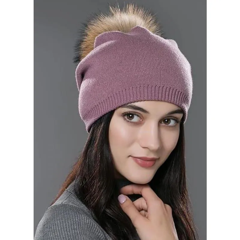 Fur Pom Pom Wool Knitted Thick Warm Beanies Hats