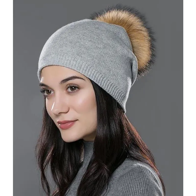 Fur Pom Pom Wool Knitted Thick Warm Beanies Hats