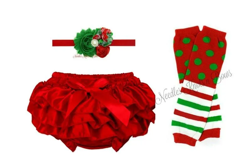 Girls Christmas Red Ruffle Bloomers, Legwarmers & Headband